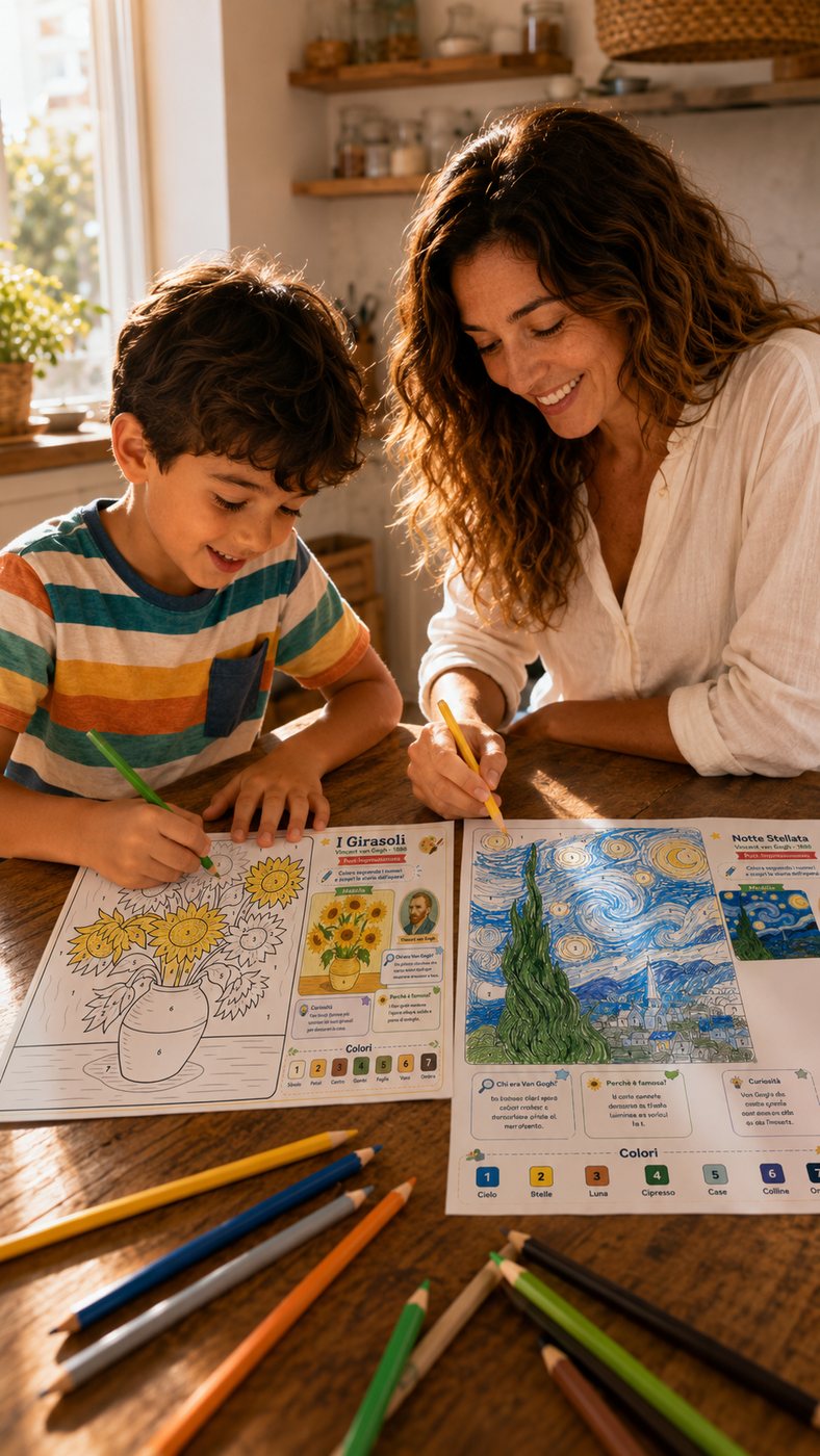 Madre e bambino usando le schede reali di Piccoli Maestri d’Arte